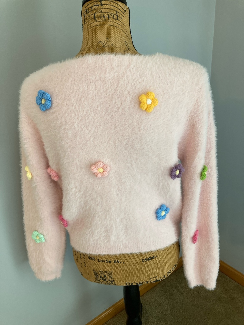 NWOT Lola + The Boys Pink Fuzzy Cardigan Multi 3D Crochet Flowers Girls Size 12 - Picture 3 of 9